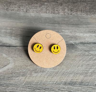 Yellow Smiley Face || Wood Stud Earrings