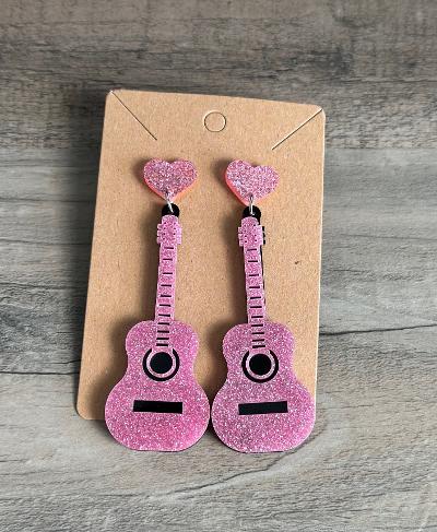 Pink Glitter Guitars || Dangle Earrings