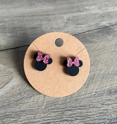 Pink Glitter Bow Mouse Earrings
